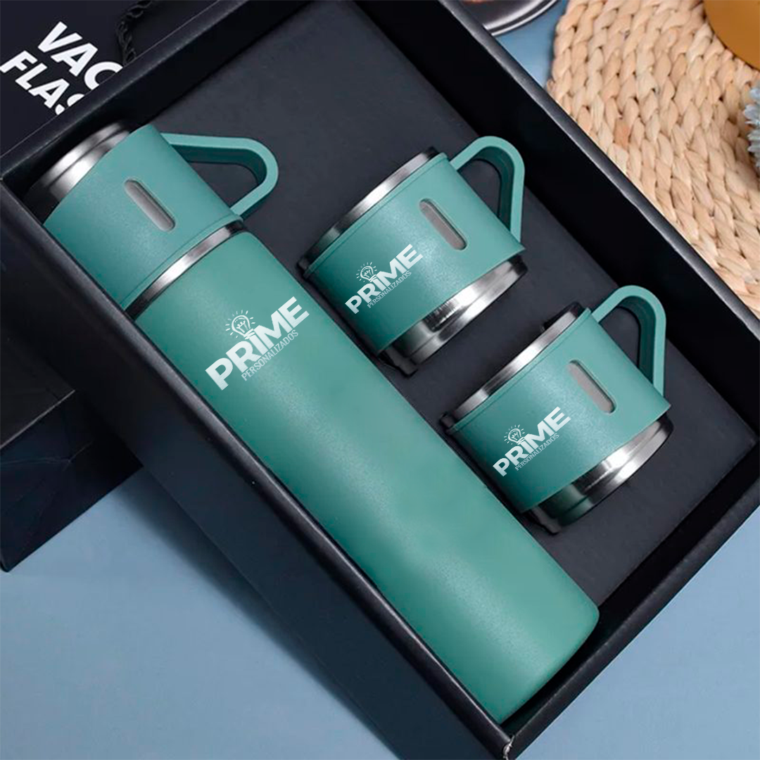Kit Garrafa Térmica Inox 500ml Com 3 Xícaras Camping Viagem Café