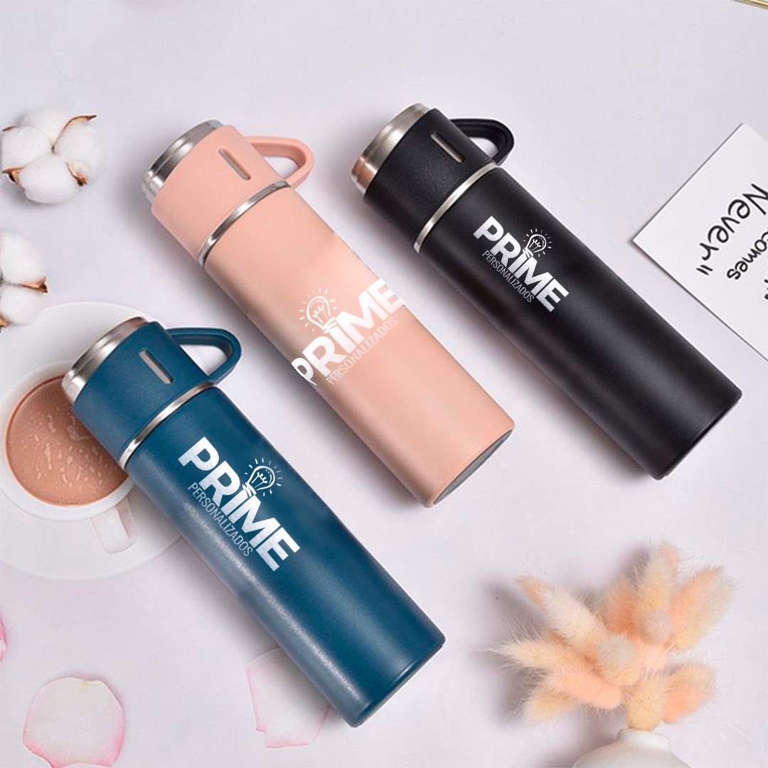 Kit Garrafa Térmica Inox 500ml Com 3 Xícaras Camping Viagem Café - Imagem 2
